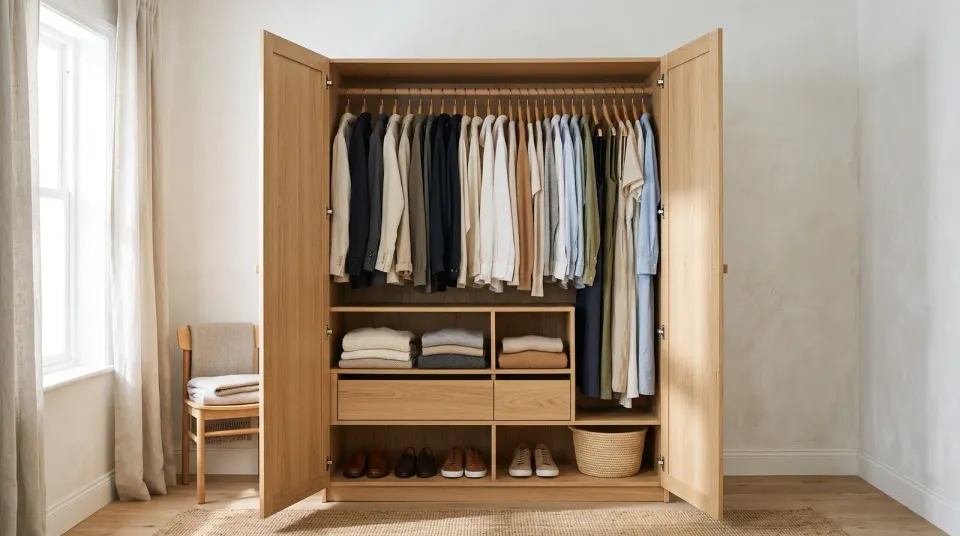 An open, full wardrobe in morning light
